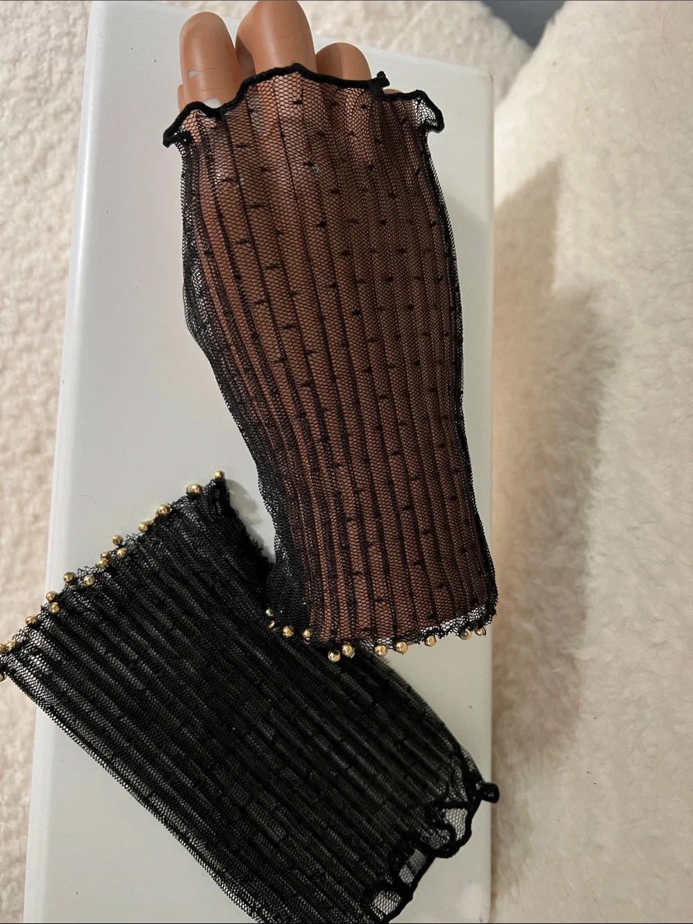 Black Sheer Beaded Wrist Sleeves Gloves
